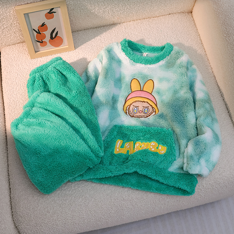 拉布布冬季可爱男女宝宝儿童睡衣卡通套头法兰珊瑚绒家居服亲子装