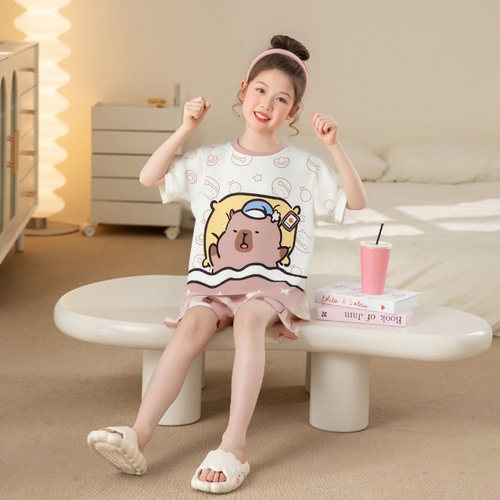 儿童睡衣夏季冰丝薄款双短套装女孩中大童家居服凉感套头卡通图案