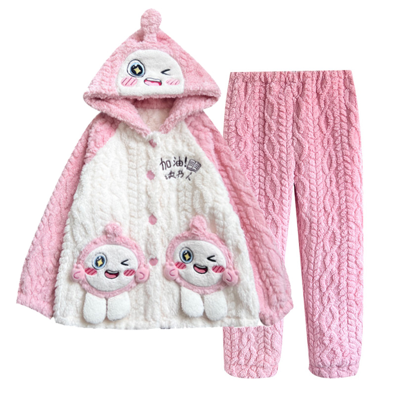 冬季珊瑚绒宝宝儿童睡衣连帽小女孩卡通法兰绒家居服蛋仔派对套装