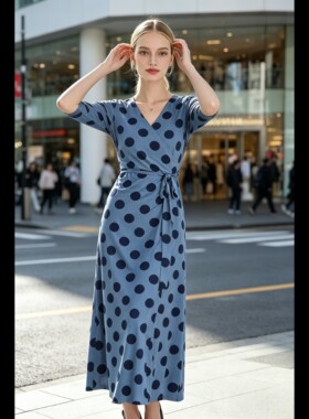 PG DVF 波点印花蓝色连衣裙女2026新款春夏一片式长裙收腰裹身裙