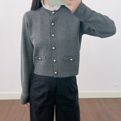 2025早秋新款女装甜美可拆卸花边领灰色针织开衫SFPCA01272