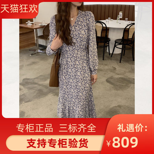 DI DVFV领蓝色碎花连衣裙女中长款2023夏季新款温柔风长裙气质韩