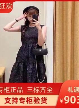 2024早秋新款女装时尚无袖收腰圆领黑色连衣裙长裙MFPRO03735