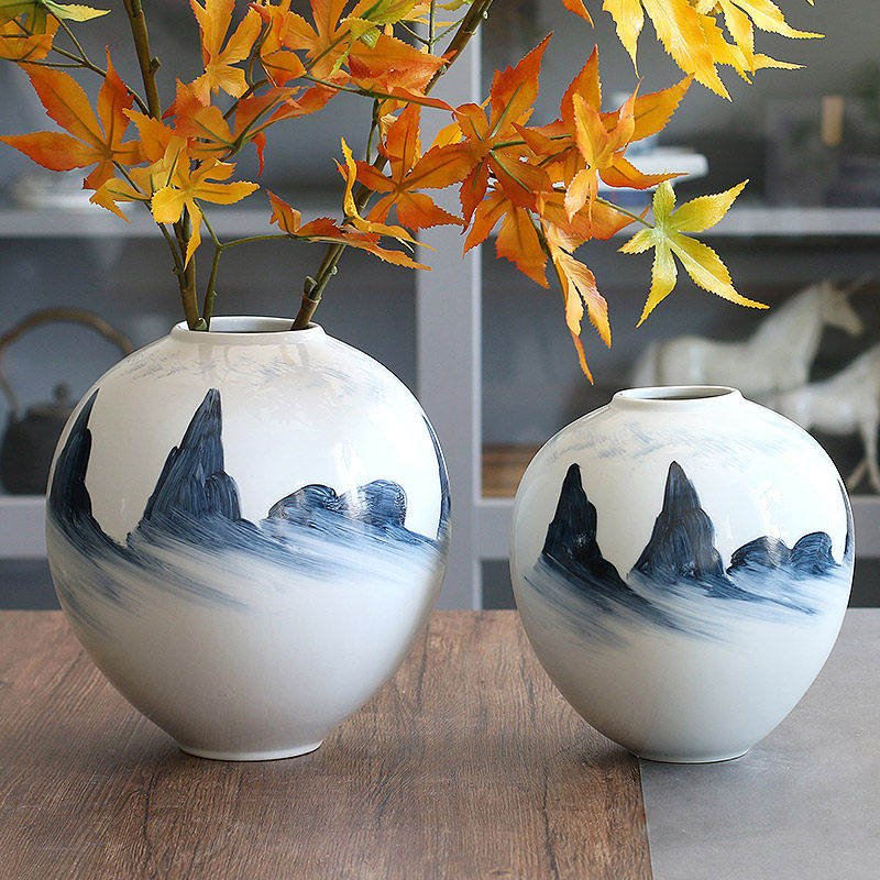 景德镇陶瓷花瓶摆件手绘青峰纹饰中式新中式禅意客厅装饰插花花器