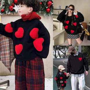 2025过年亲子装秋冬季一家三口春节战袍加绒卫衣婴儿拜年服母女装