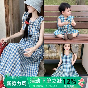 炸街亲子装 短袖 夏装 格子衬衫 洋气母女连衣裙 一家三口2025新款 韩版