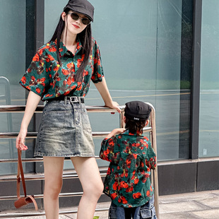 夏宽松衬衣短袖 花衬衫 复古港风小众设计母女装 亲子装 一家三口夏装