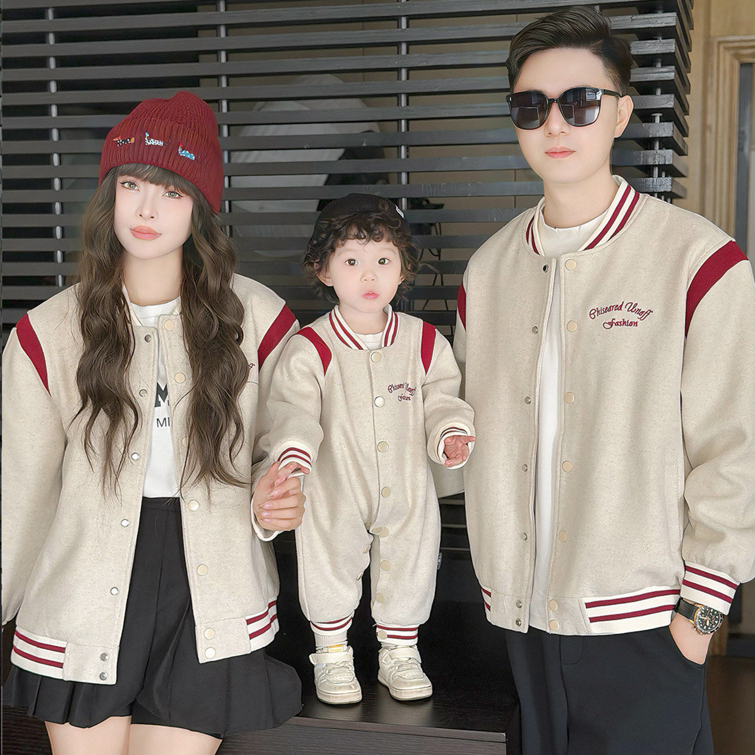 高端棒球服亲子装开衫外套一家三口春秋款毛呢刺绣婴儿母女装夹克