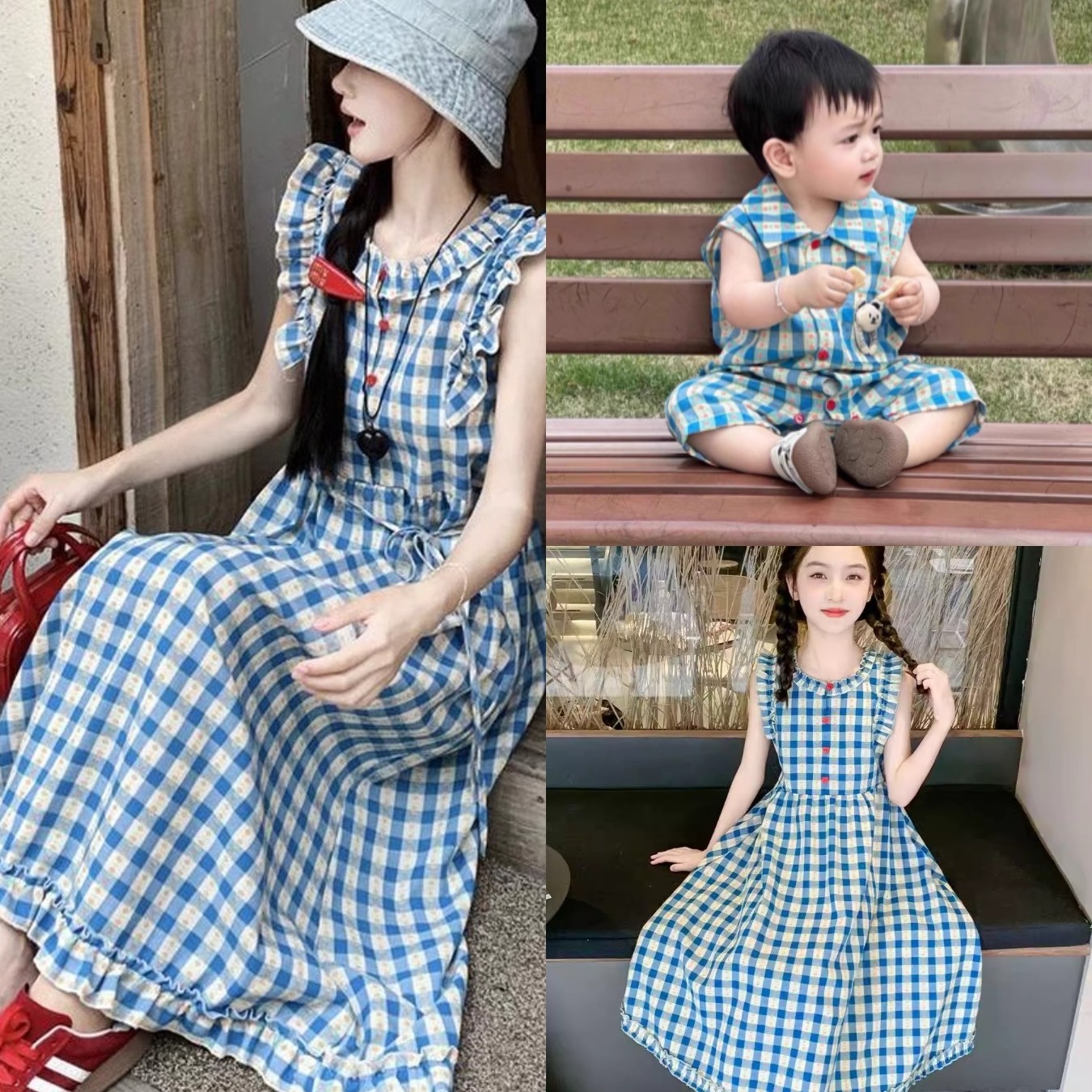 韩版炸街亲子装夏装一家三口2025新款格子衬衫短袖洋气母女连衣裙