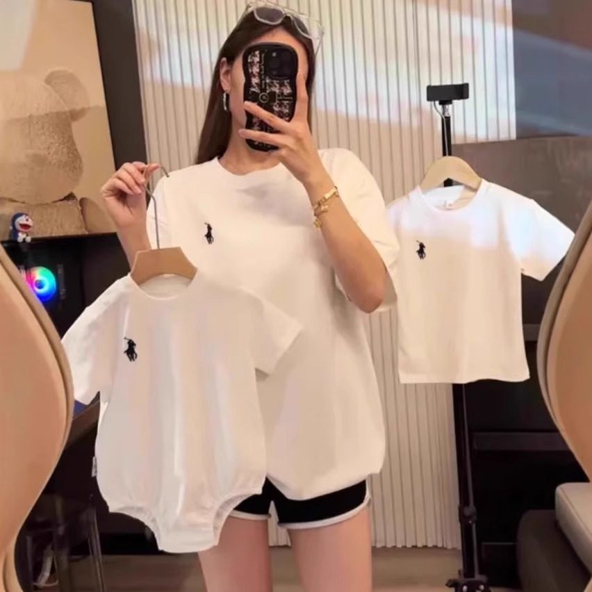 网红亲子装夏装一家三口小月龄婴儿爬服纯棉刺绣母女母子短袖t恤