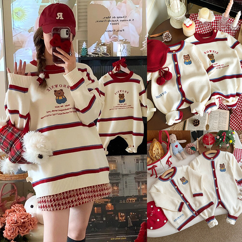 炸街亲子装毛衣一家三口小月龄婴儿百日宴秋冬针织外套母子母女装