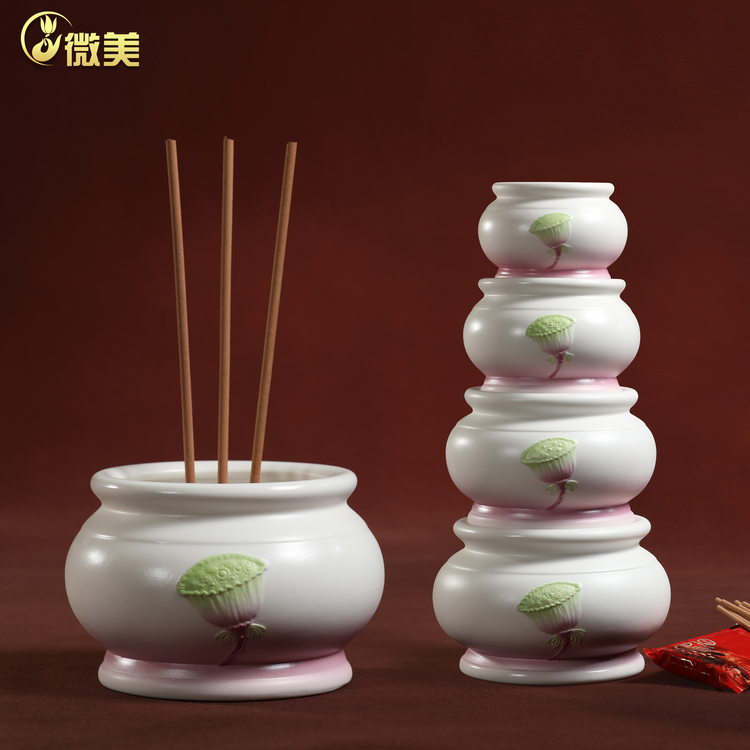 晟美陶瓷粉荷莲花香炉摆件家用供奉佛前佛具香插炉焚香炉佛具用品,家居饰品,桌面摆件,淘宝优惠券,粉丝福利购,淘宝优惠卷