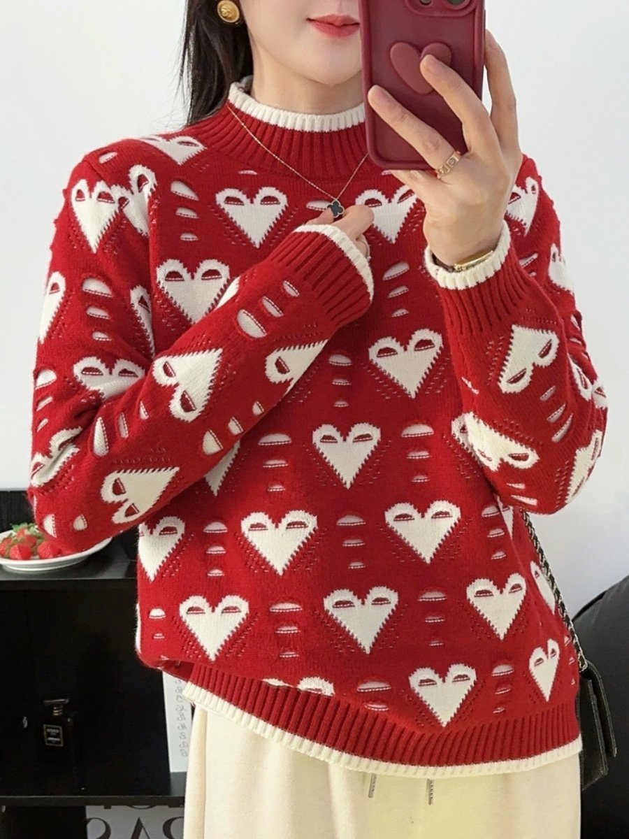 WINTER NEW WOMENS DESIGN LOVE HALF-TURTLENECK SWEATER WOMENS POPULAR SMALL FRAGRANCE RED TOP UNDERWEAR