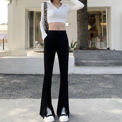黑色高腰开叉牛仔裤女2021年休闲裤