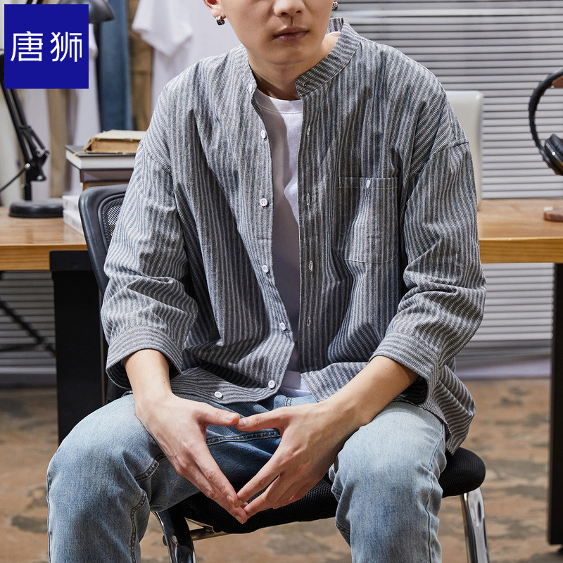 唐狮官方旗舰店2020夏七分袖衬衫短袖男宽松立领条纹日系中袖衬衣