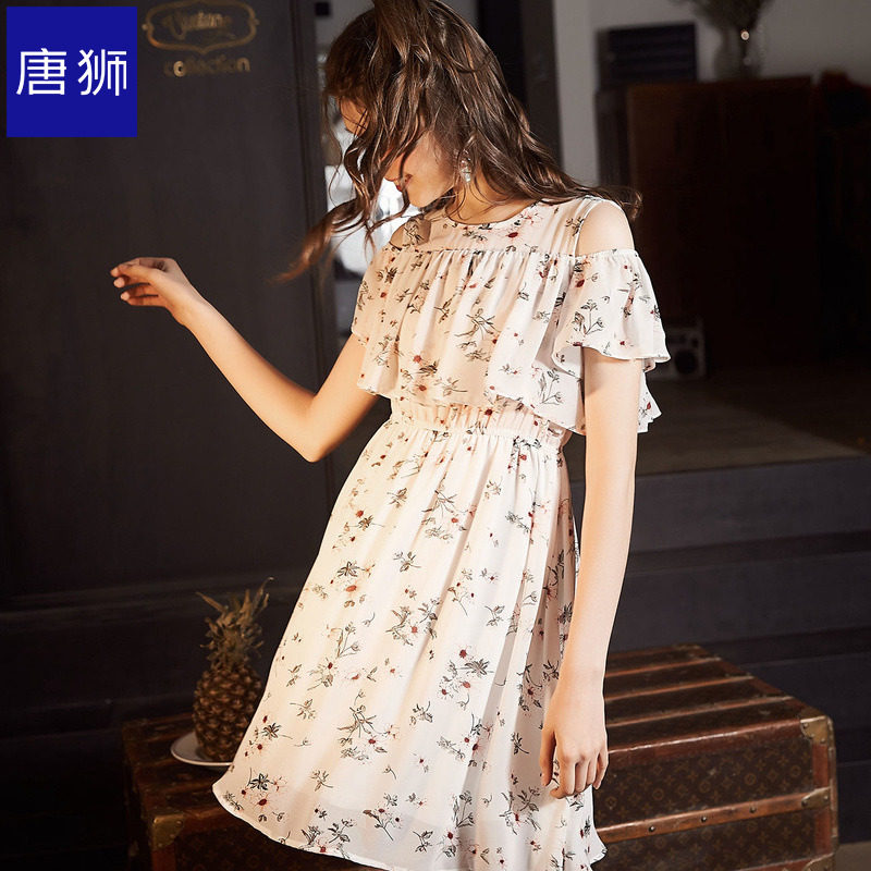 唐狮官方旗舰店连衣裙女小碎花雪纺裙荷叶边a字漏肩显瘦裙子韩版