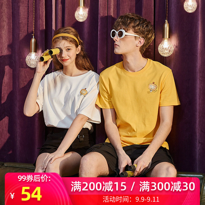 唐狮情侣装夏装2020新款短袖T恤男纯色韩版潮流青少年打底半袖女