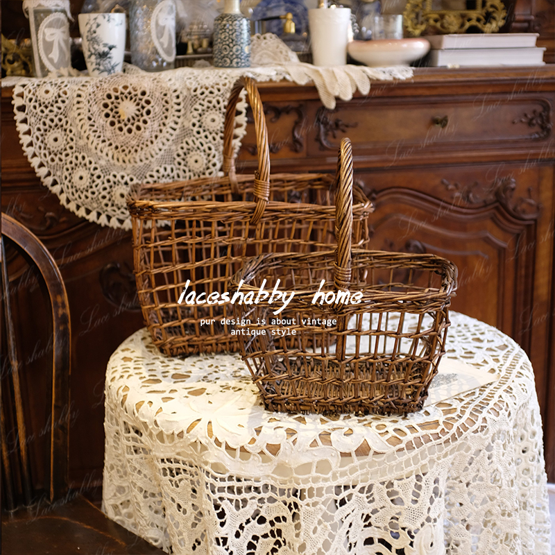 vintage中古LACESHABBY新款爱尔兰手工编织方格野餐篮子花篮