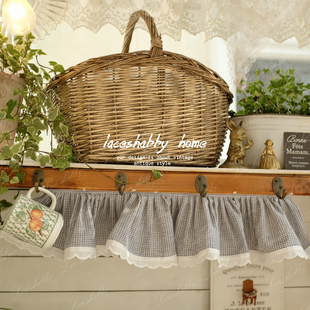 深蓝格子棉麻荷叶边自粘帘头遮挡帘 法式 太可爱了 LACESHABBY新款