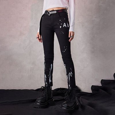 拓谷秋冬新款美式街头潮牌加绒牛仔裤女款涂鸦印花修身小脚长裤子