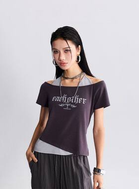 拓谷美式辣妹小心机假两件t恤短袖女夏季新款独特漂亮一字肩上衣
