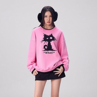 拓谷加绒加厚卫衣女款冬季新款潮牌设计感印花宽松慵懒中长款上衣