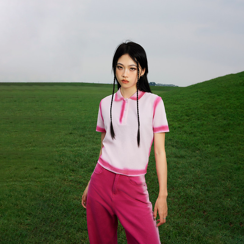 拓谷 2025新款渐变色直筒翻领短袖女T恤夏装潮流女上衣时尚polo衫