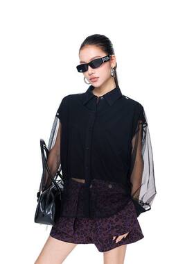 拓谷美式拼接网纱衬衫女夏季新款薄款开衫潮酷宽松透气长袖上衣女