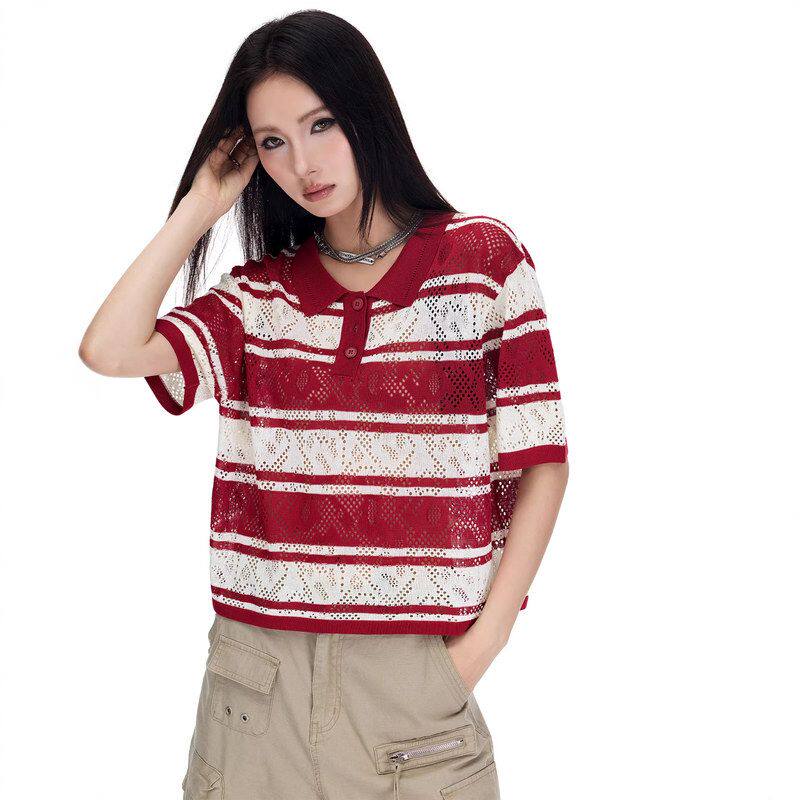 拓谷条纹撞色翻领短袖针织衫夏季新款宽松显瘦polo衫镂空T恤女装图片