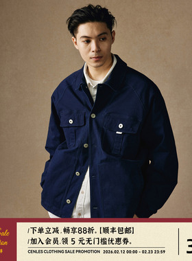 CENLES 水洗插肩工装夹克男宽松秋冬翻领休闲外套日系复古