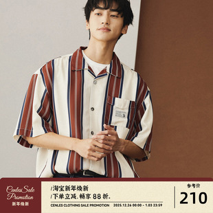 日系休闲夏威夷条纹衬衣男夏季 CENLES 男短袖 oldschool衬衫 美式