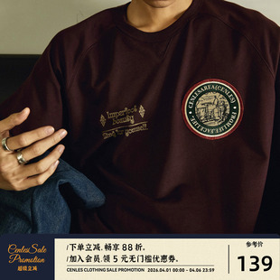 CENLES T恤男宽松美式 街头夏季 T恤250G毛圈布 复古绣章插肩短袖