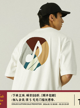 CENLES 黑白情侣国潮T恤短袖男宽松美式复古重磅T恤夏季印花