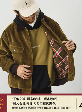 CENLES AW25 美式复古拼色短款灯芯绒外套男翻领休闲飞行员夹克