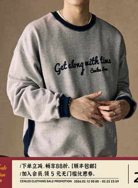 CENLES 美式复古撞色套头卫衣男宽松圆领绣花上衣秋日系休闲