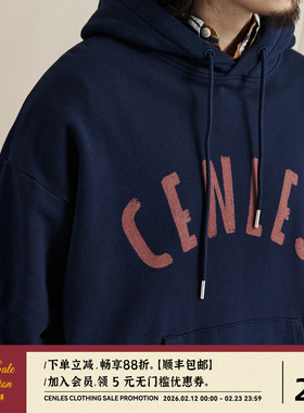 CENLES 美式印花做旧连帽卫衣男宽松复古休闲上衣套头秋冬