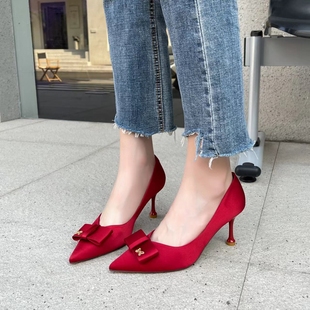 渊博2025新款细跟单鞋女尖头红色高跟鞋性感新娘子结婚鞋浅口女鞋