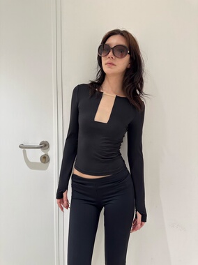 VACANCES *秋冬镂空修身网纱长袖T恤 小众欧美日常运动健身瑜伽