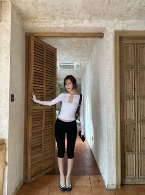 VACANCES 秋冬镂空修身网纱长袖T恤 小众欧美日常运动健身瑜伽