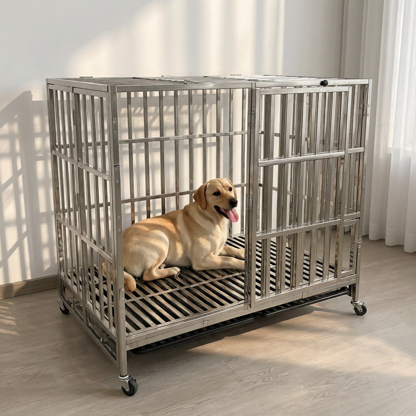 不锈钢狗笼子中小型犬宠物笼加厚大号折叠方管狗笼大型犬加粗笼子