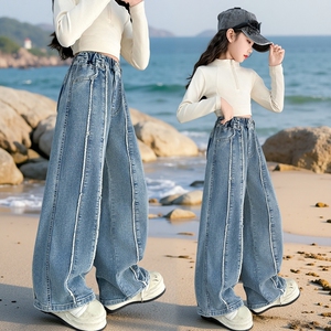 实用女童牛仔裤春秋款2025新款儿童洋气时髦直筒裤中大童阔腿裤子