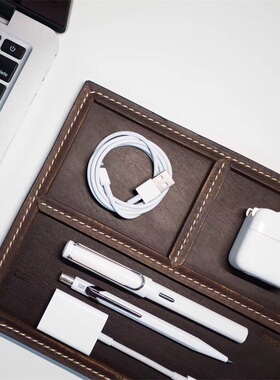 头层牛皮高端商务办公文具盒真皮简约桌面杂物收纳托盘钢笔盘多格