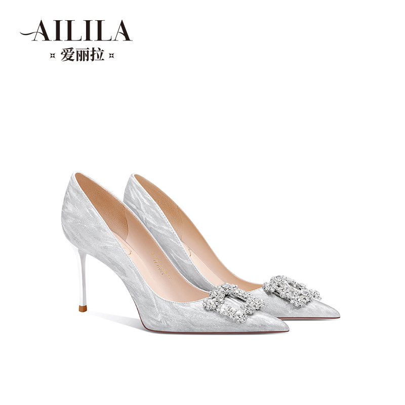 爱丽拉银色法式水晶婚鞋赠运费险