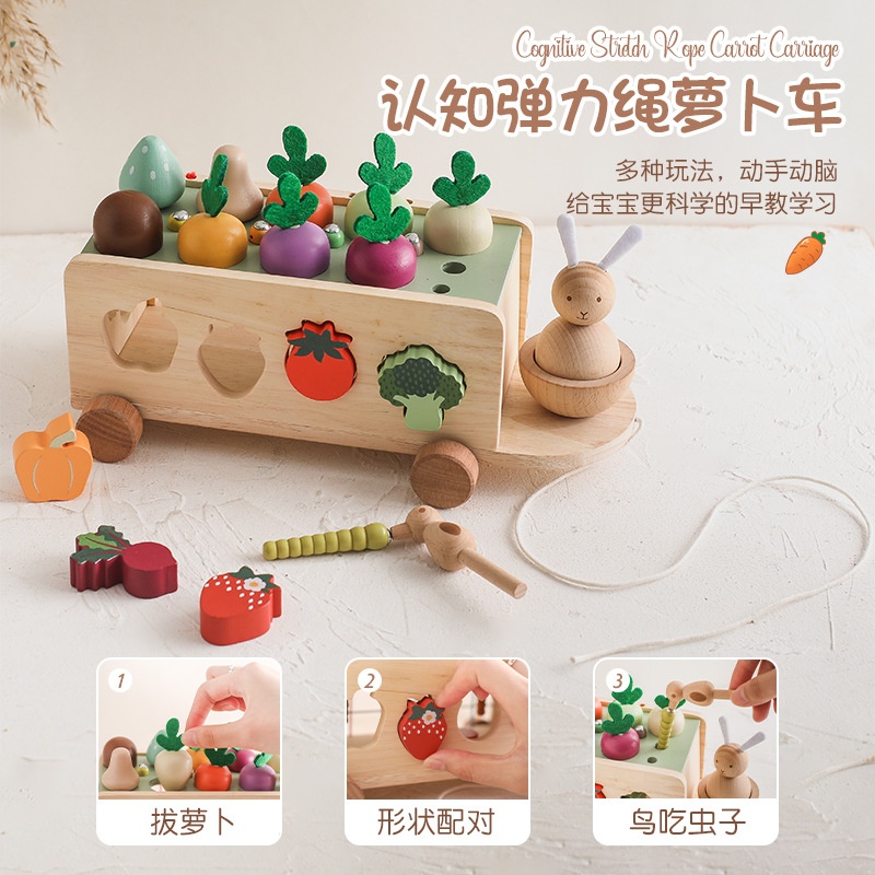 儿童益智农场拔萝卜抓虫玩具宝宝趣味形状配对拉线智力车木质