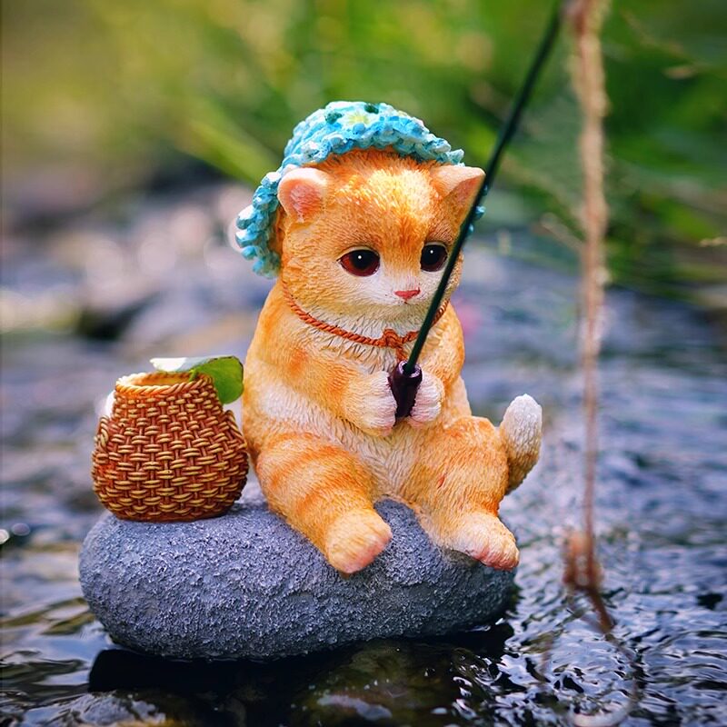 可爱小猫钓鱼花园流水装饰摆件图片
