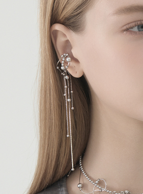 BING两个珠子系列 原创百搭灰色珍珠长流苏耳骨夹 时尚简约耳环