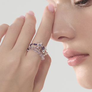 BING/紫色花语 手工编织S925花朵紫水晶纯银戒指 层细链叠戴尾戒