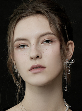 BING天仙镜系列 原创超仙百搭透明玻璃不对称花朵水滴流苏耳环女