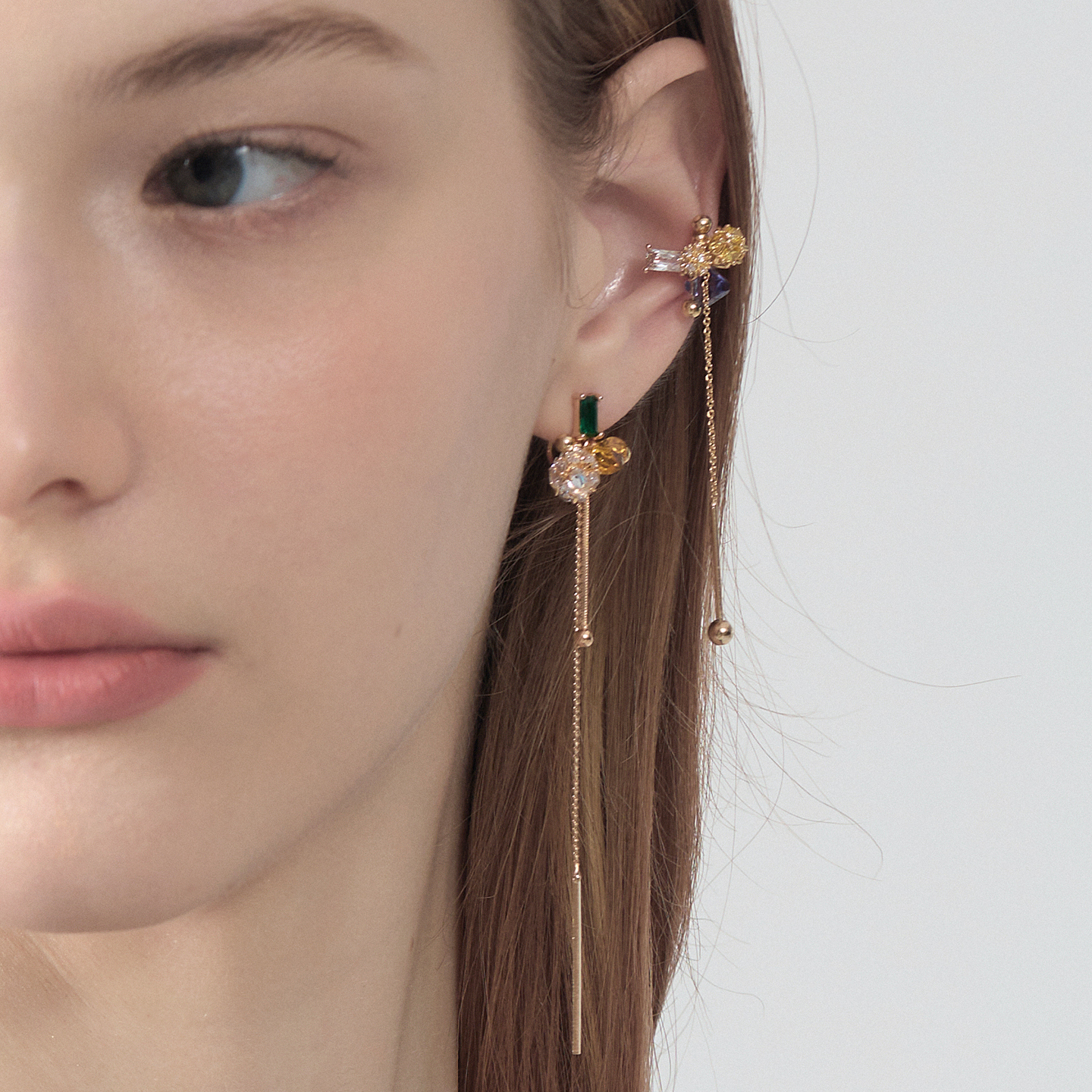 彩色宝石长款金色流苏耳骨夹