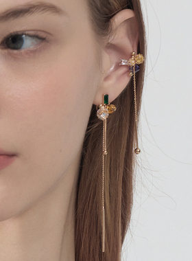 BING幻彩流金 彩色宝石长款金色流苏耳骨夹耳夹 小众无耳洞耳饰